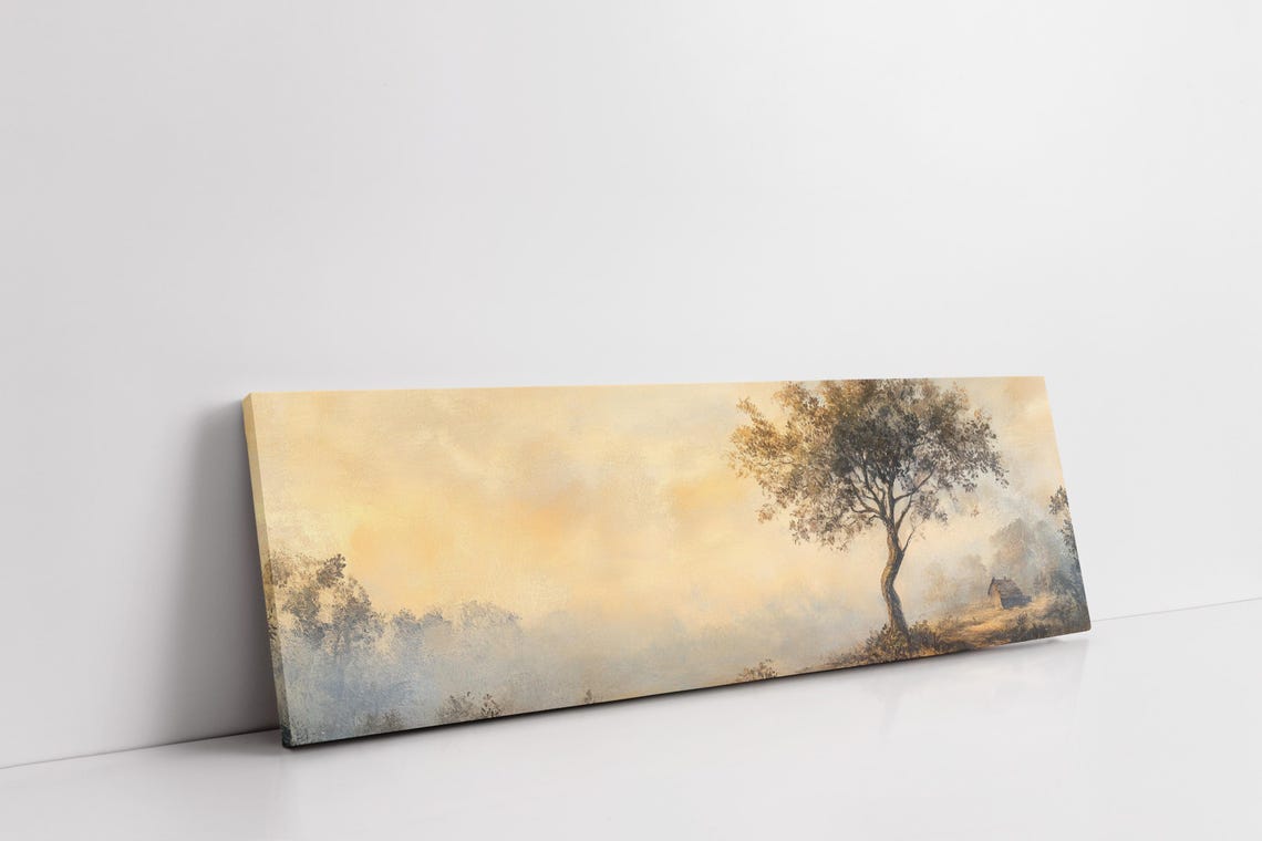 Misty Golden Tree Sunrise Hillside Cabin Panoramic Landscape Poster - Image 2