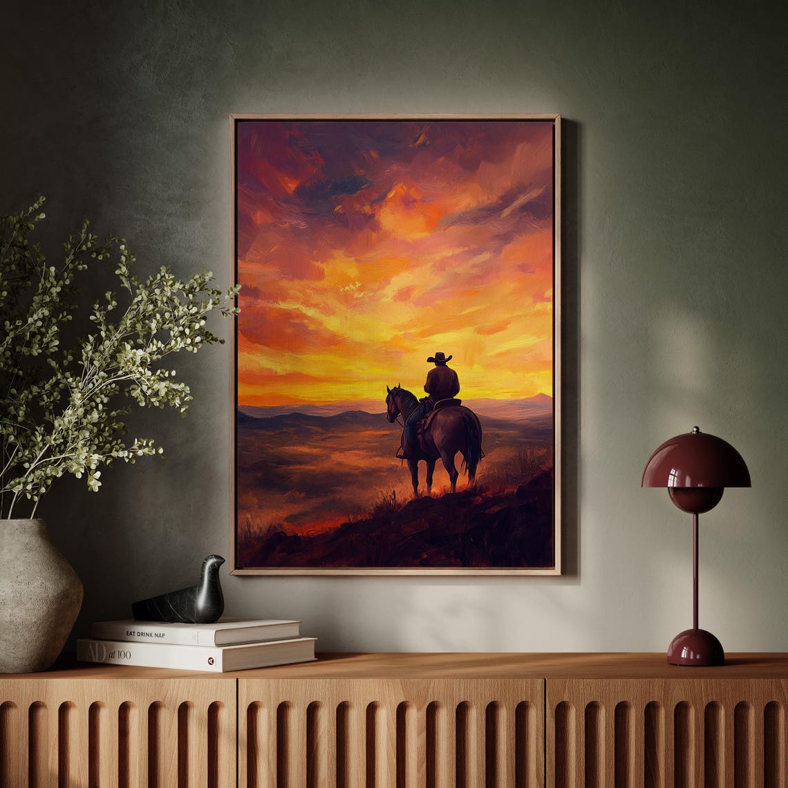 Cowboy At Sunset Art Western Landscape Poster Rustic Wall Decor Vibrant Sky And Horizon Scene - Image 4