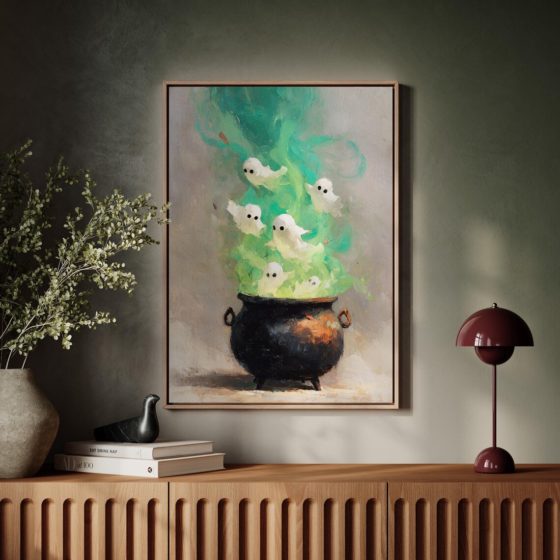 Cute Ghosts Rising From Cauldron Whimsical Halloween Potion Magic Wall Art