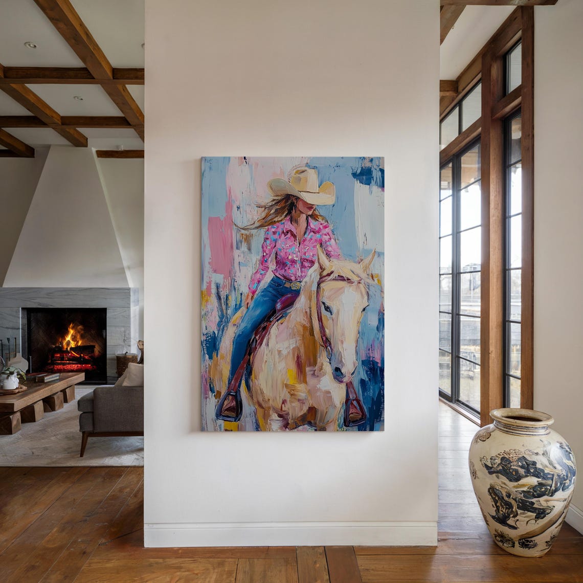 Western Cowgirl Art Vibrant Acrylic Painting Of Woman Riding Horse In Pink Shirt Rustic Country Decor For Western Lovers - Image 5