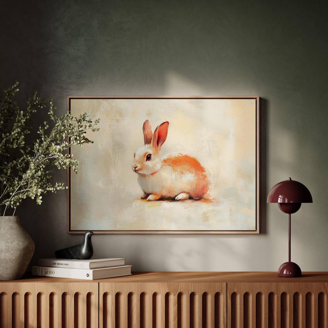 White Bunny with Soft Orange Tones in Pastel Painting Poster - Image 4