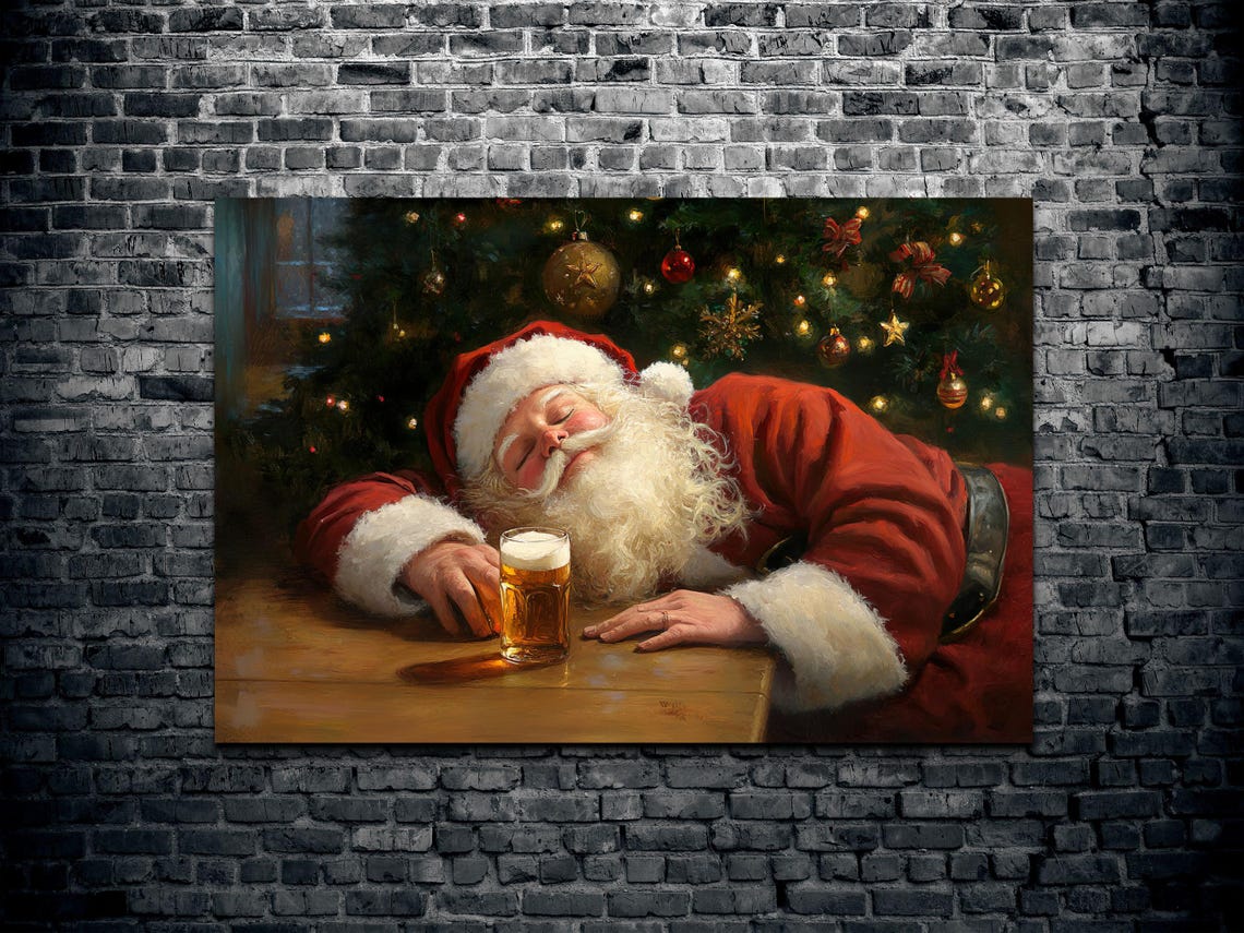 Santa Sleeping On Table Beside Beer Glass Christmas Night Poster - Image 2