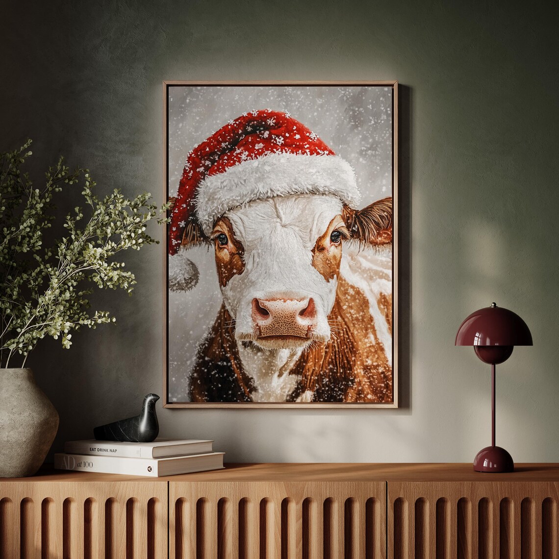 Adorable Cow in a Santa Hat Smiling on a Snowy Christmas Day Poster - Image 5