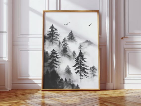 Misty Forest Wall Art Black And White Pine Tree Canvas Print Foggy Mountain Landscape Poster Nordic Nature Decor Minimalist