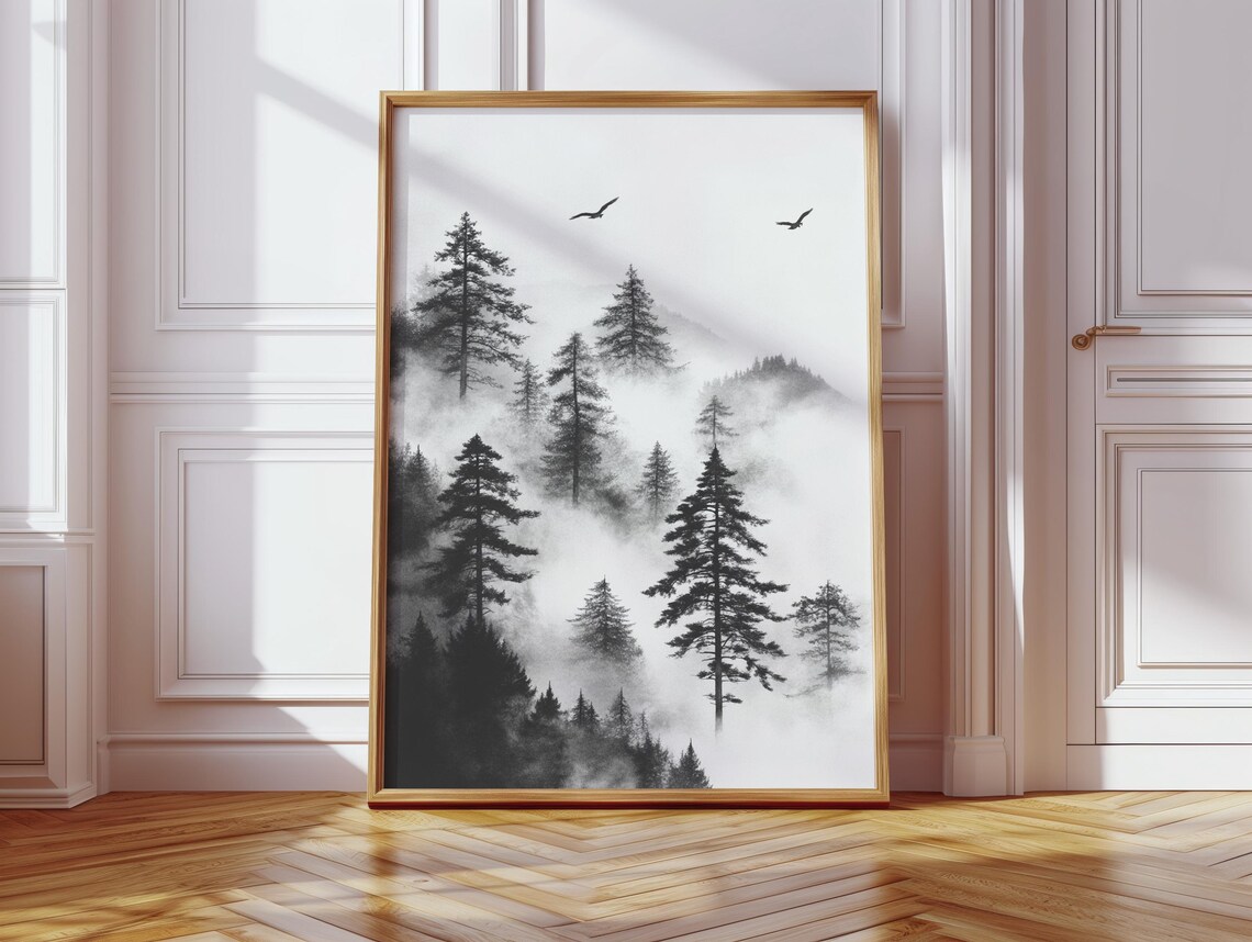Misty Black and White Pine Forest Foggy Mountains Minimal Art Poster