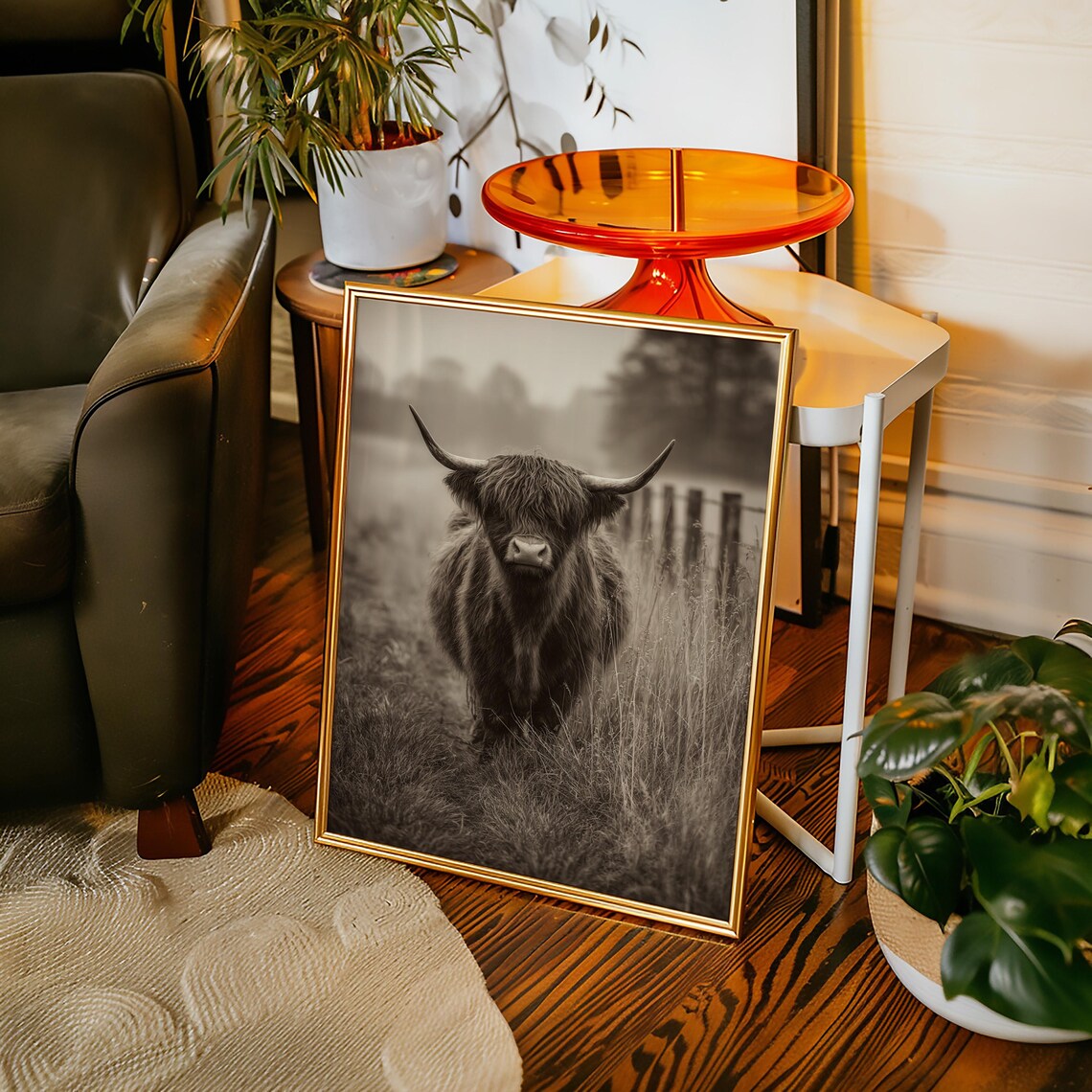 Sepia Highland Cow Shaggy Hair Long Horns Portrait Photo Print