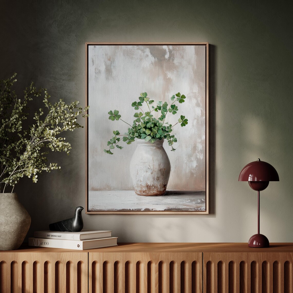 Rustic White Vase With Shamrock Bouquet Art Print - Image 3