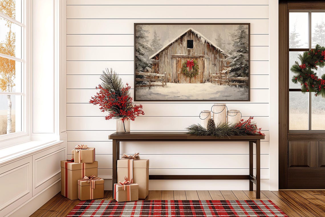 Rustic Barn With Christmas Wreath In Snow Farmhouse Holiday Print