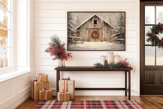 Rustic Barn With Christmas Wreath In Snow Farmhouse Holiday Print