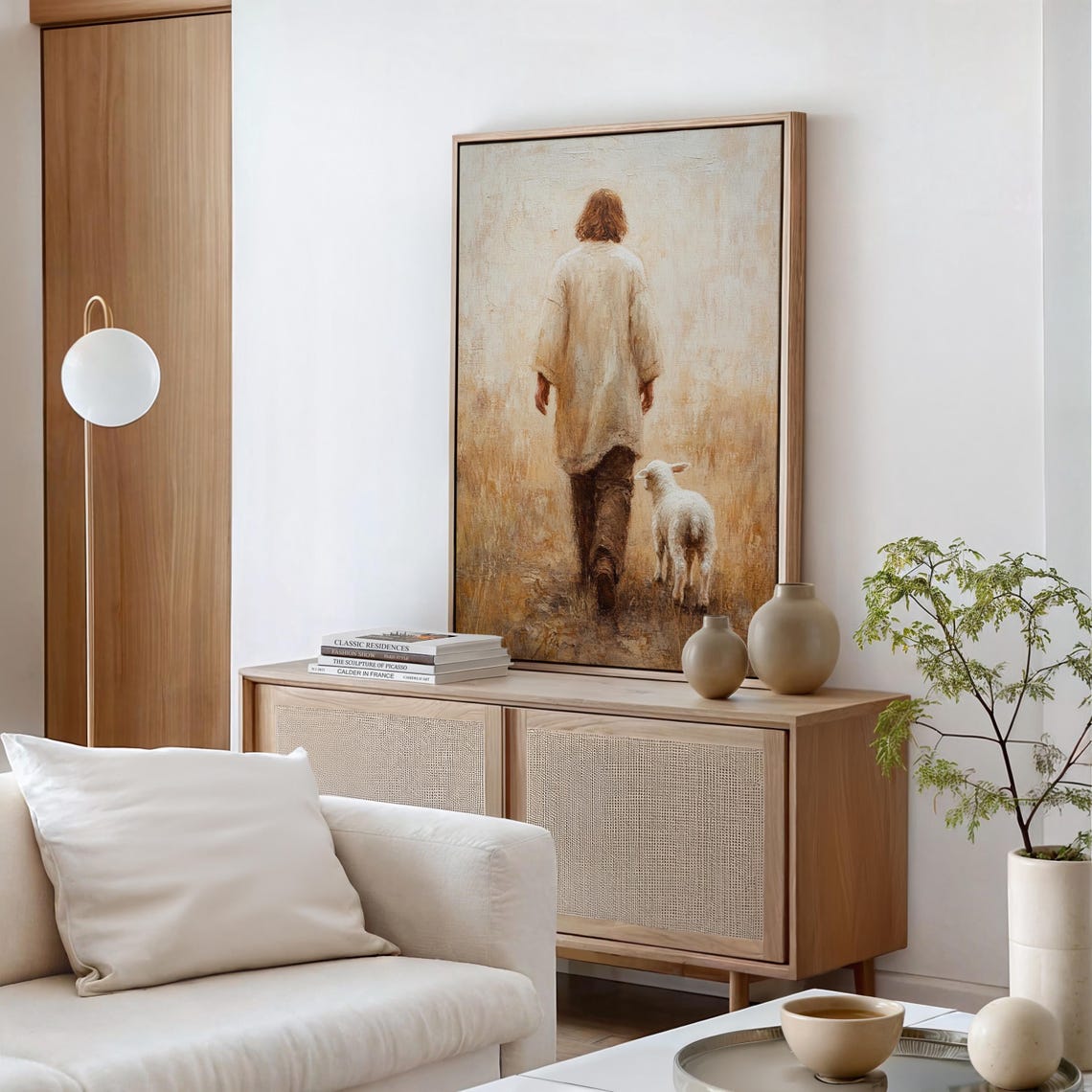 Jesus Walking Away Through a Golden Field With a Lamb Following Poster - Image 5