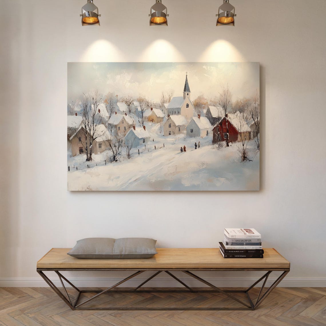 Snowy Village Church Steeple Winter Landscape Rustic Wall Art - Image 7