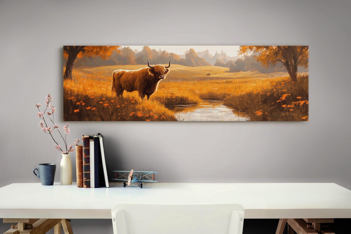 Highland Cow Autumn Meadow River Rustic Farmhouse Landscape Poster - Image 3