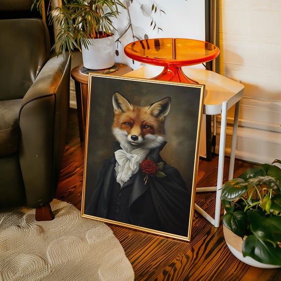 Dapper Fox In Victorian Suit Canvas Red Rose And Cravat Animal Portrait Wall Art Anthropomorphic Dressed Regal Attire