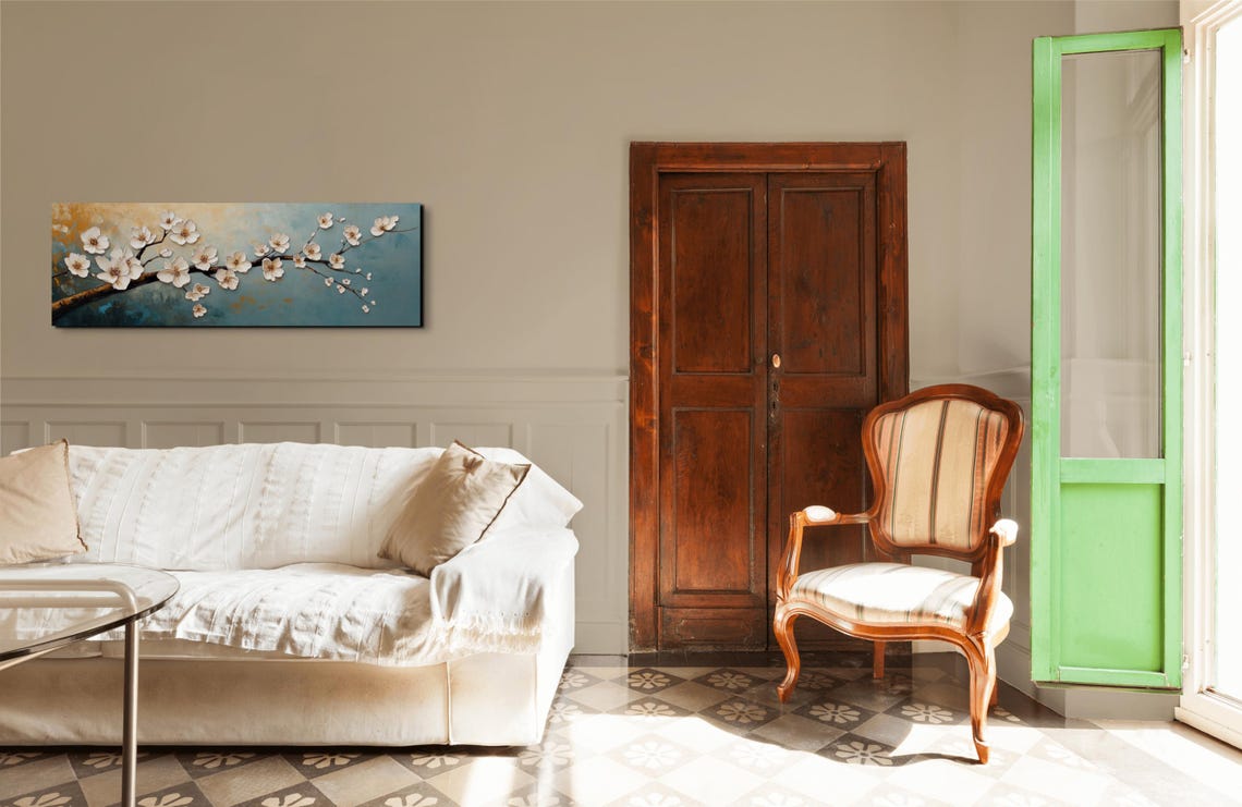 Golden Teal Cherry Blossom Branch Textured Panoramic Art Poster - Image 3