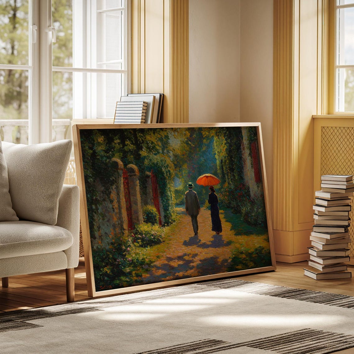 Romantic Couple Orange Umbrella Garden Path Impressionist Poster