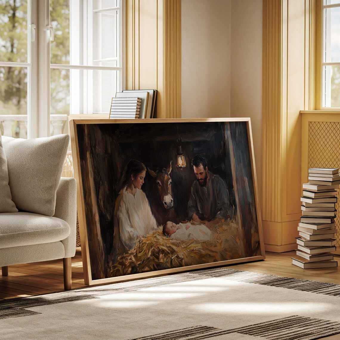 Holy Family With Donkey Baby Jesus In Manger Rustic Nativity Wall Art