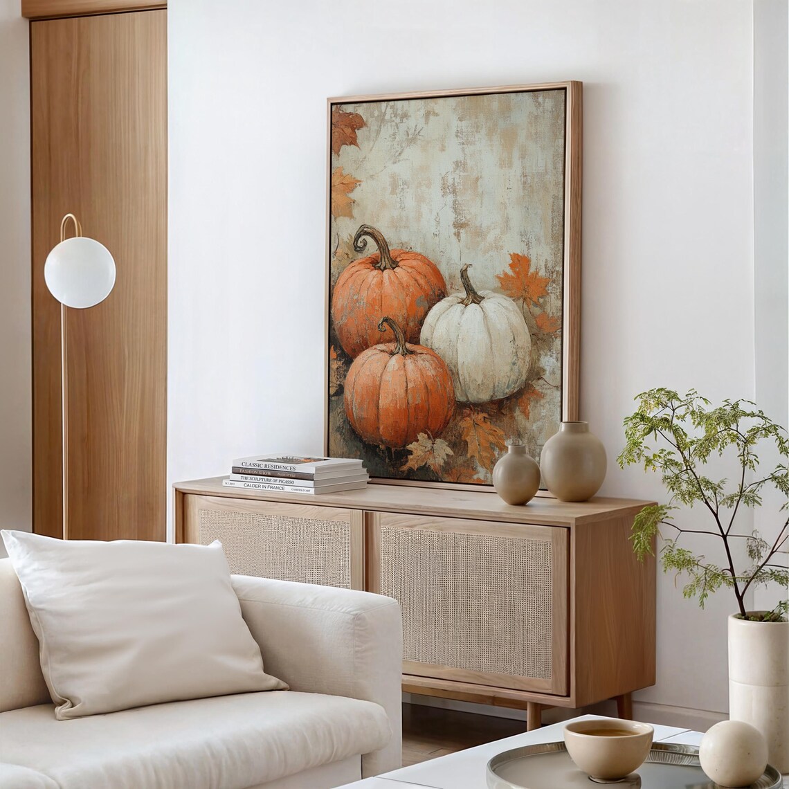 Rustic Orange and White Pumpkins Fall Harvest Painting with Leaves Poster - Image 6