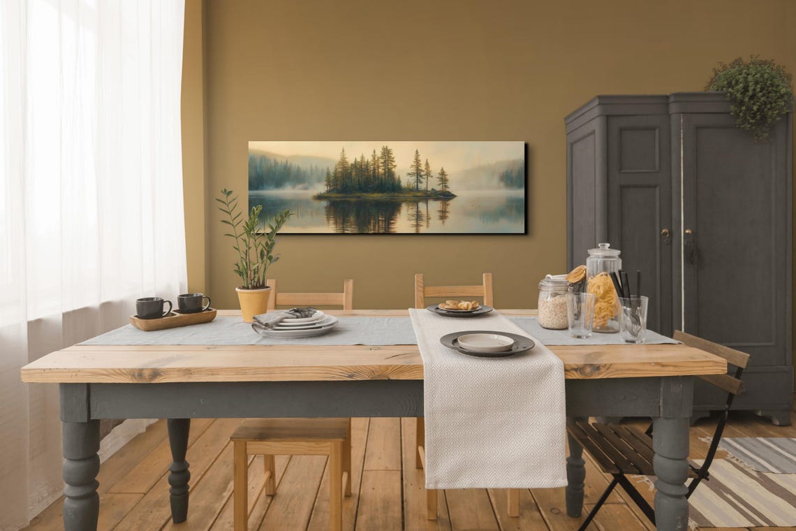 Foggy Wooded Lake Island Misty Dawn Serene Panoramic Art Poster - Image 6