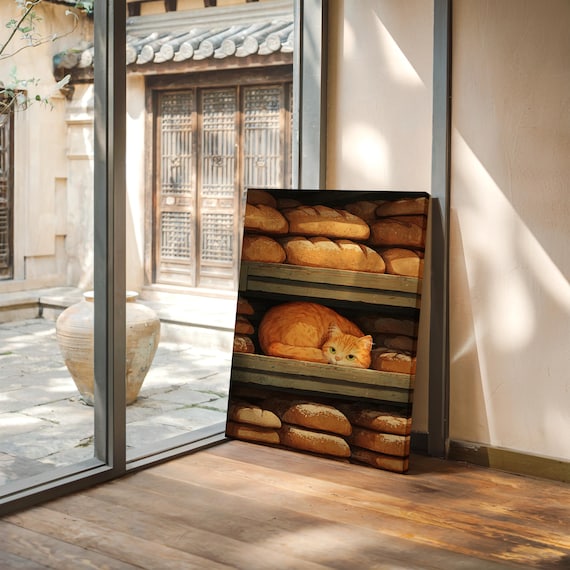 Orange Cat Sleeping Among Fresh Bread Loaves Bakery Art Poster