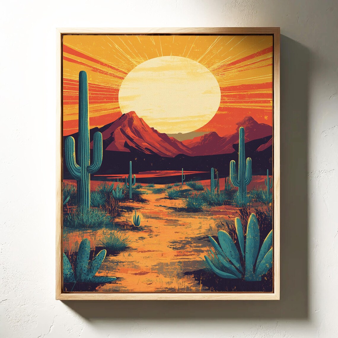 Bold Orange Sun Rising Over Red Mountain Cactus Desert Poster - Image 3
