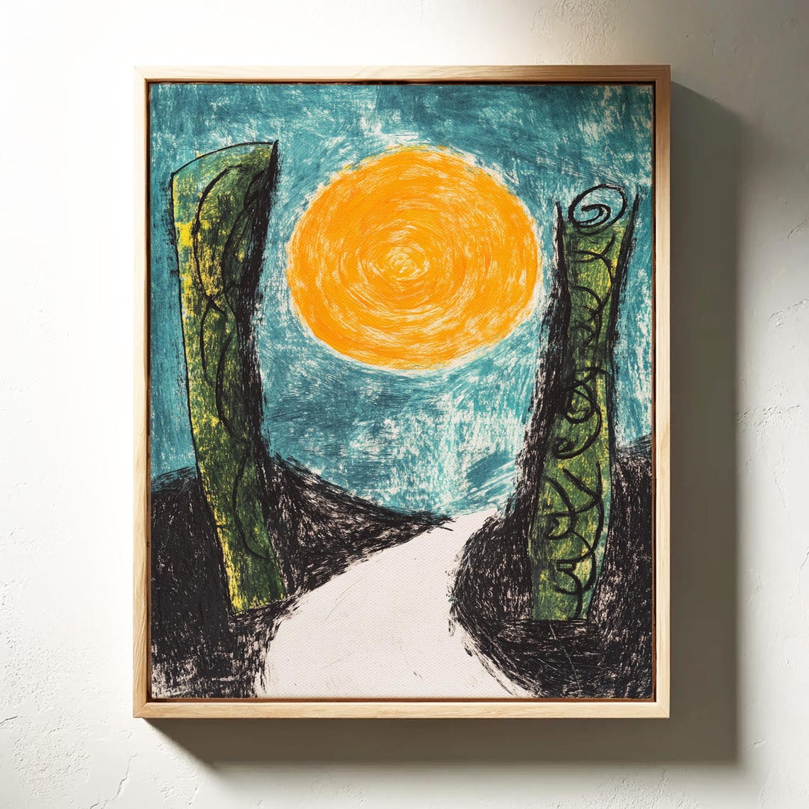 Abstract Orange Sun Path Modern Naive Landscape Painting Poster