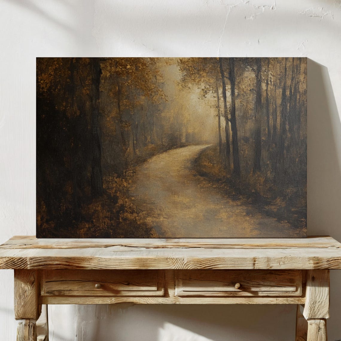 Rustic Dark Misty Forest Road With Golden Light Painting Wall Art - Image 6