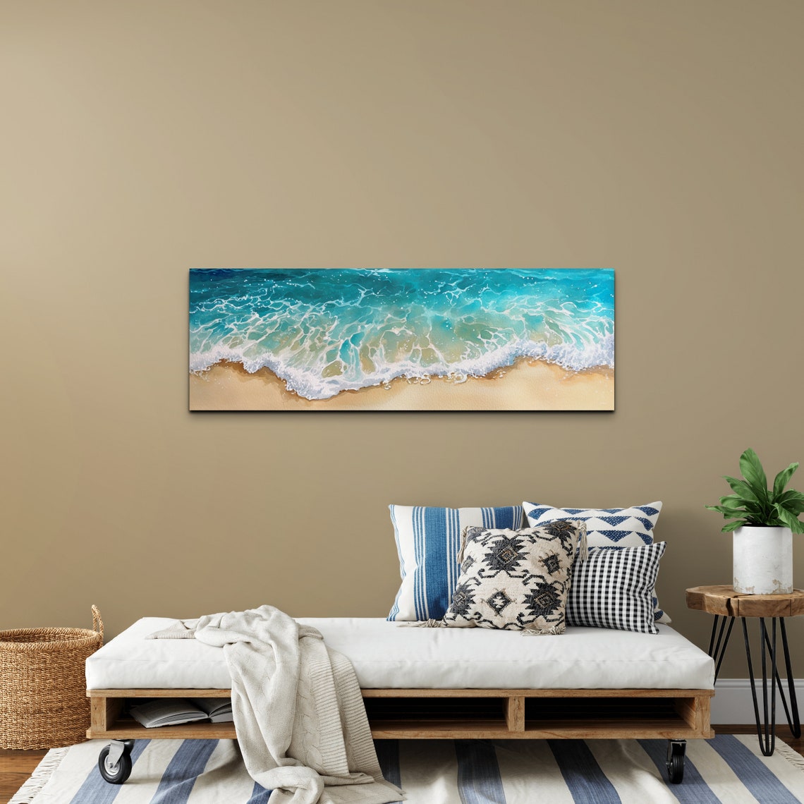 Panoramic Watercolor Ocean Wave Turquoise Beach Shore Wall Art - Image 5