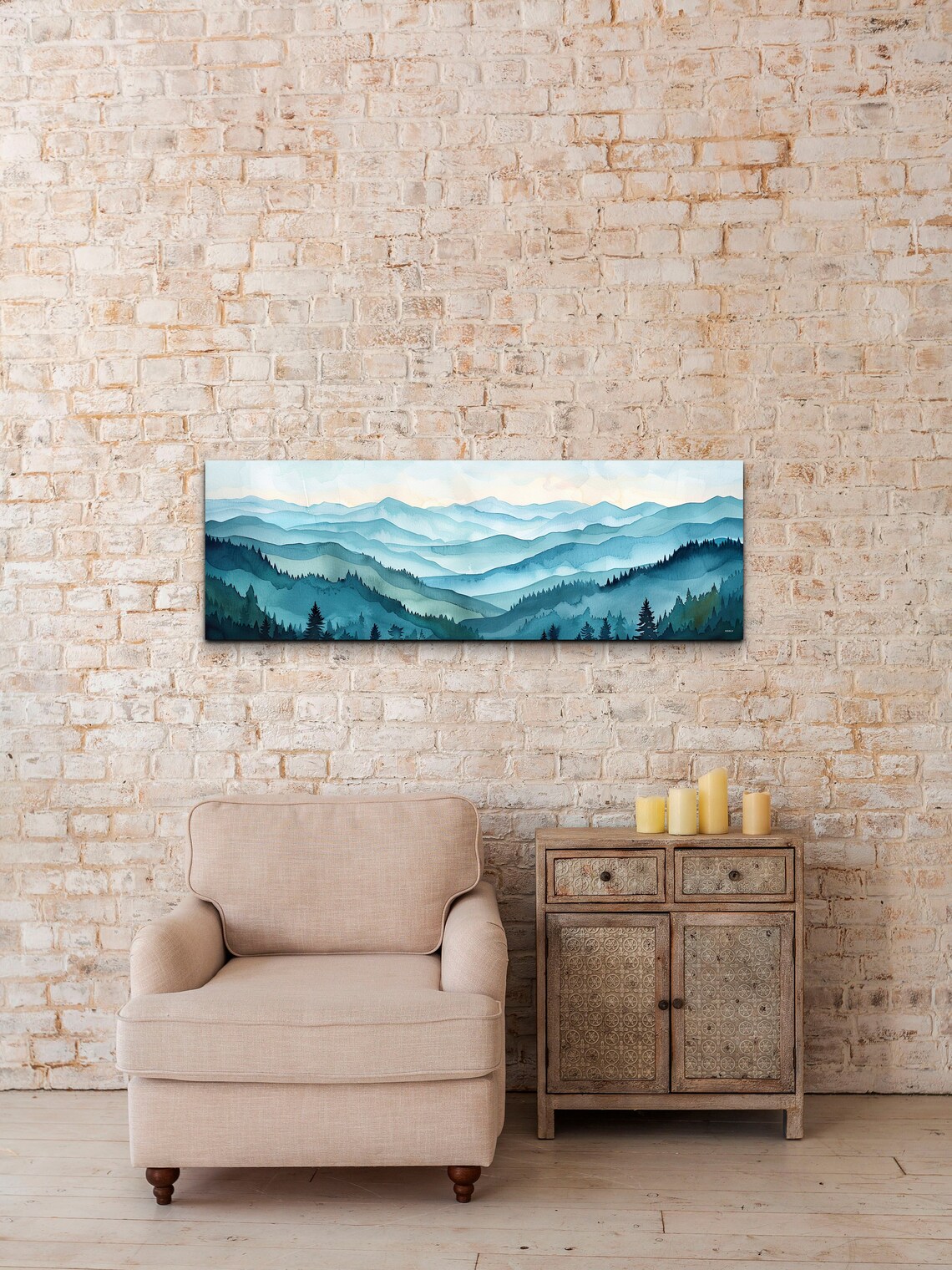 Blue Watercolor Mountain Ranges Misty Panorama Landscape Poster - Image 7
