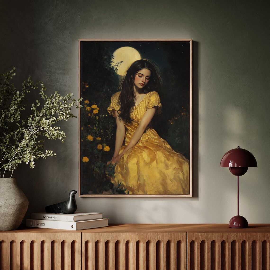 Elegant Woman Golden Gown Full Moon Night Garden Romantic Poster
