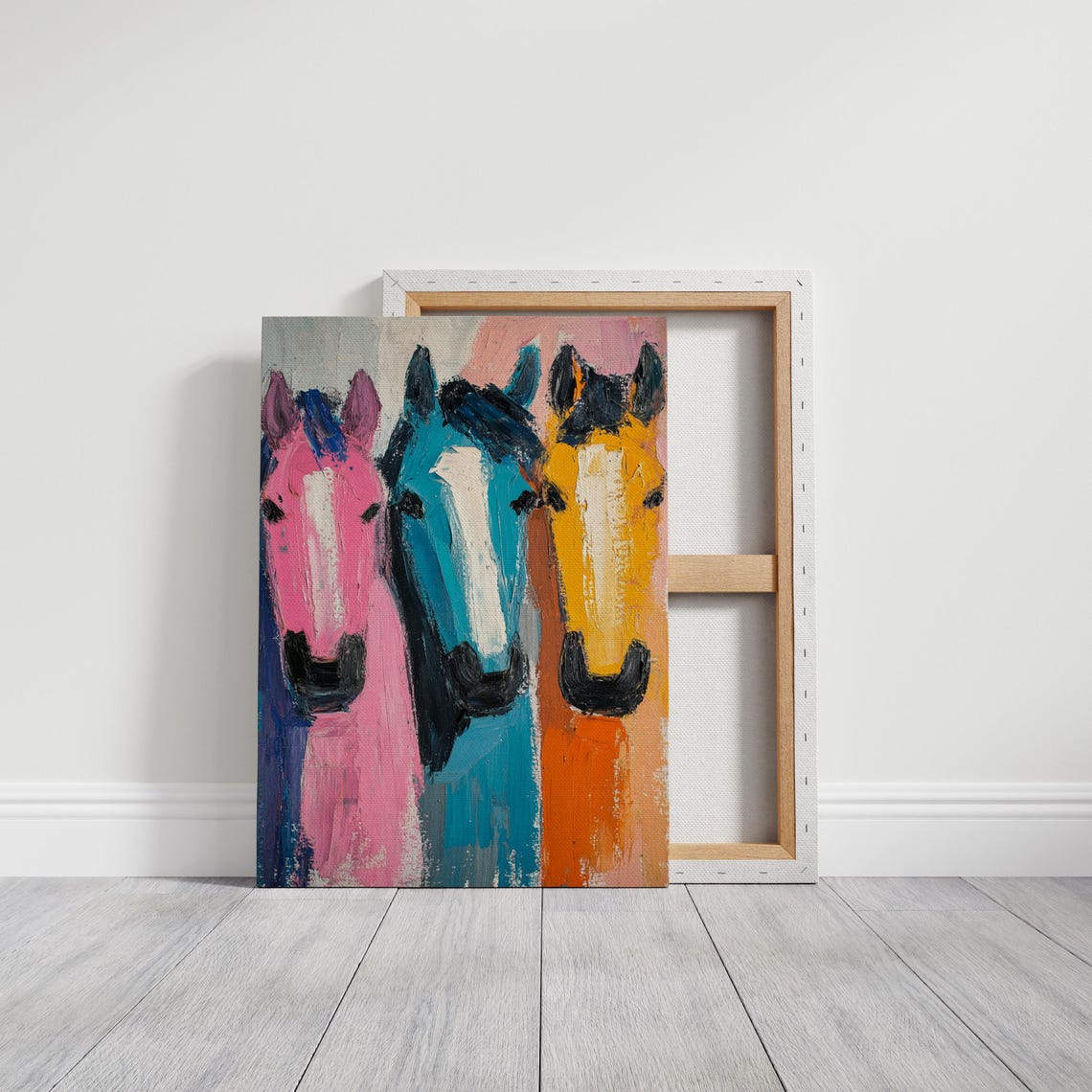 Bold Abstract Horse Trio Pink Blue Yellow Brush Stroke Poster - Image 3