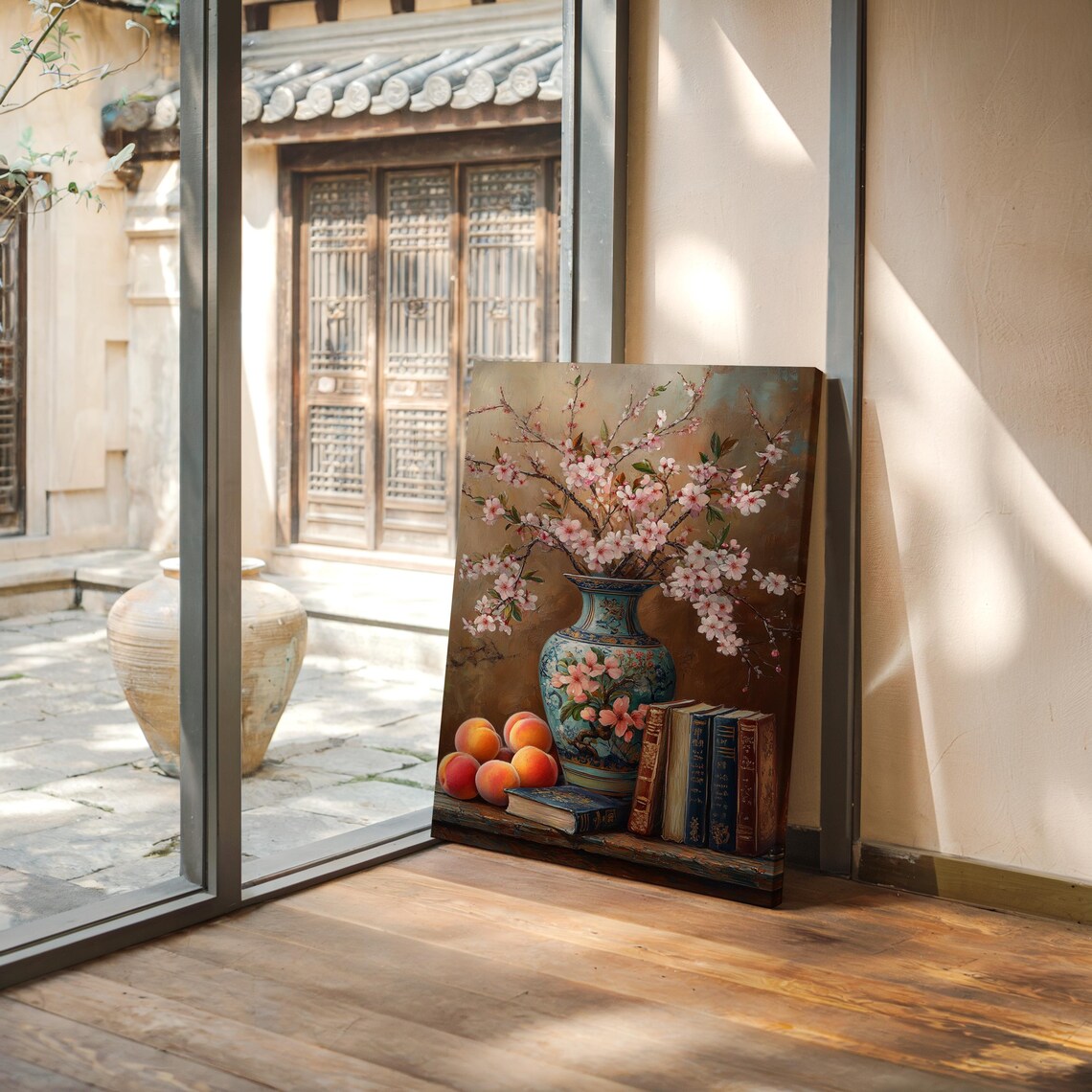 Elegant Cherry Blossom Vase Peaches Antique Books Still Life Poster - Image 4