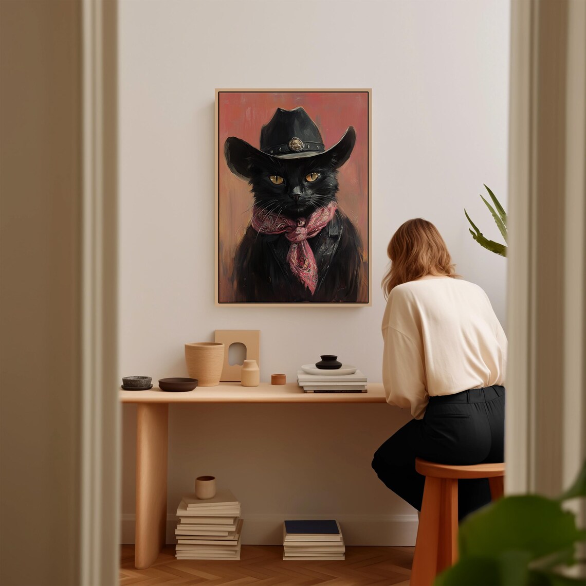 Cowboy Cat Wall Art, Rustic Vintage Feline Portrait - Image 2