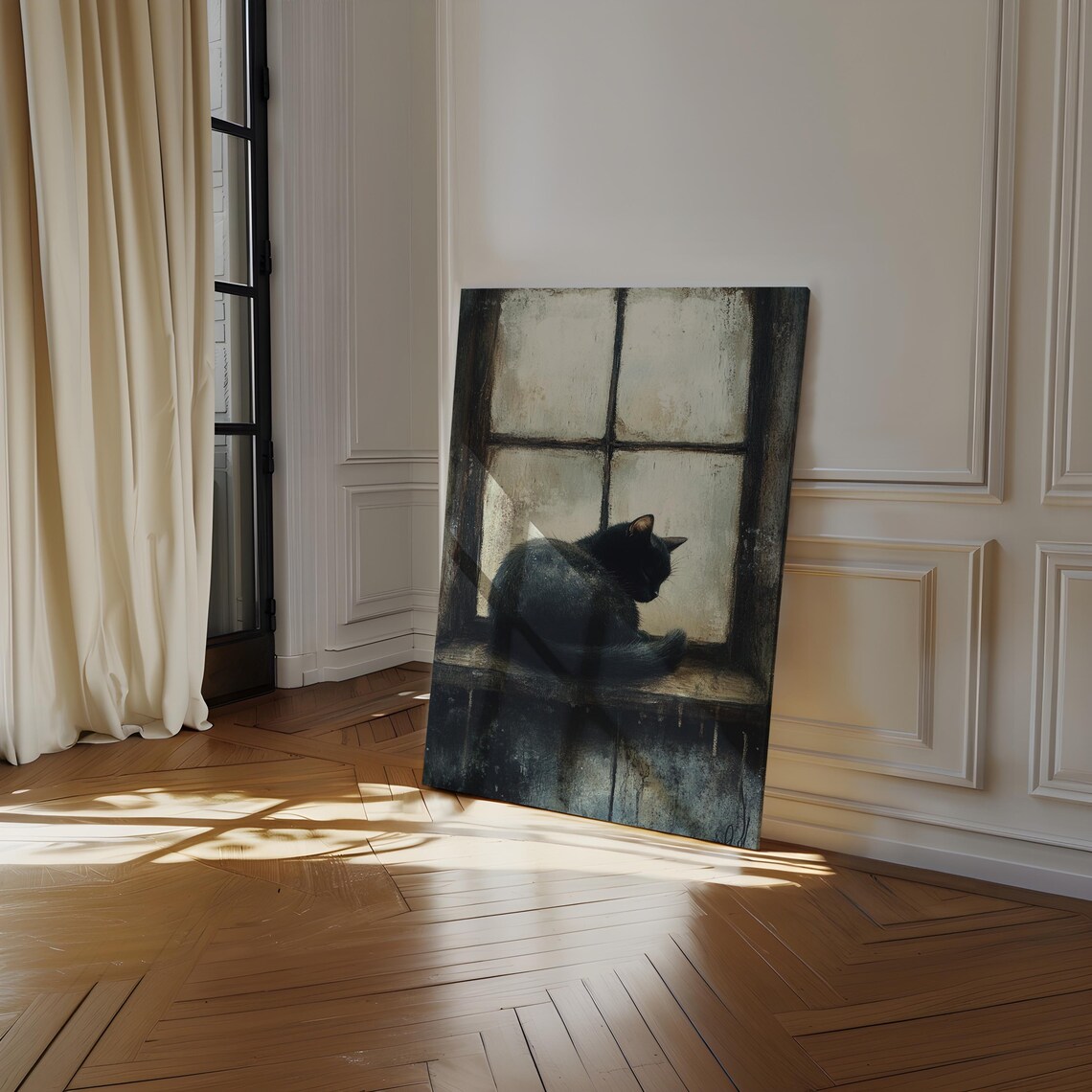 Black Cat By The Window, Moody Vintage Decor - Image 3
