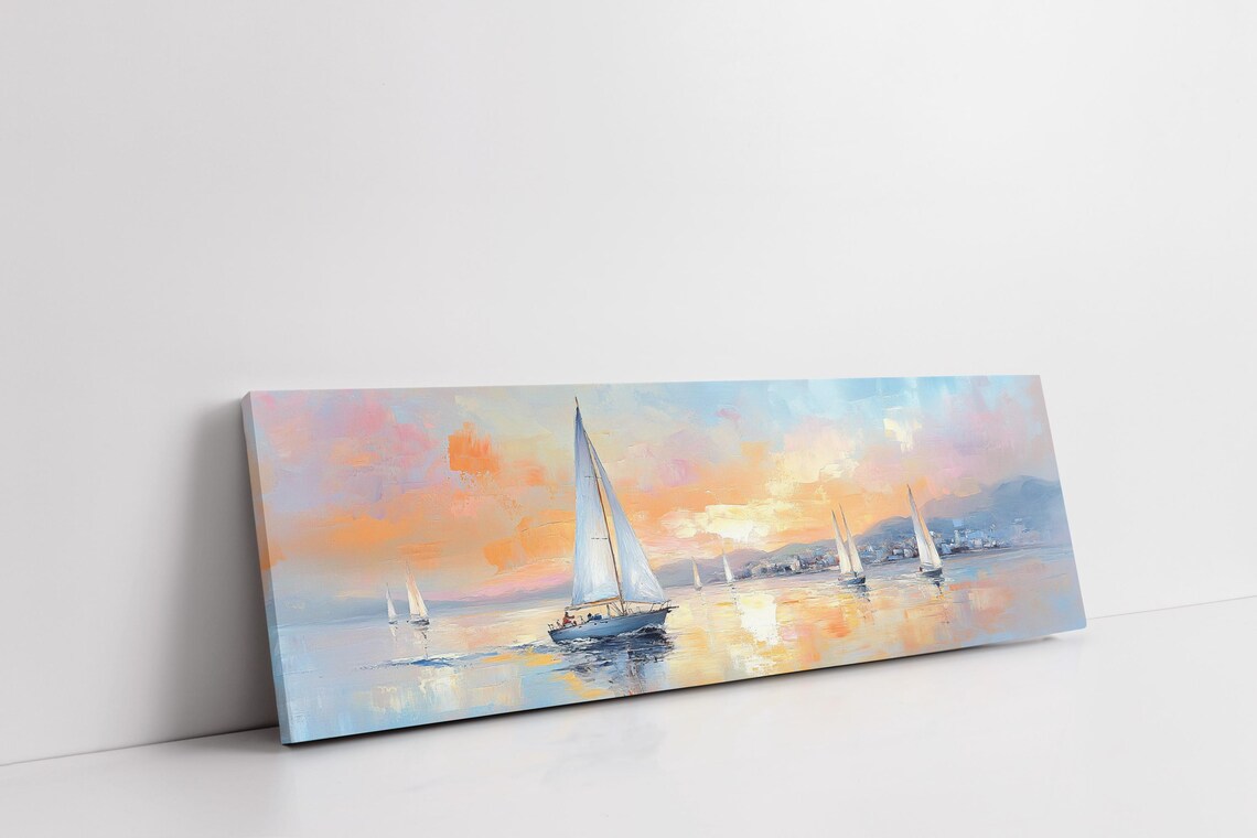 Sailboats At Sunset Calm Sea Panoramic Coastal Wall Travel Poster - Image 3