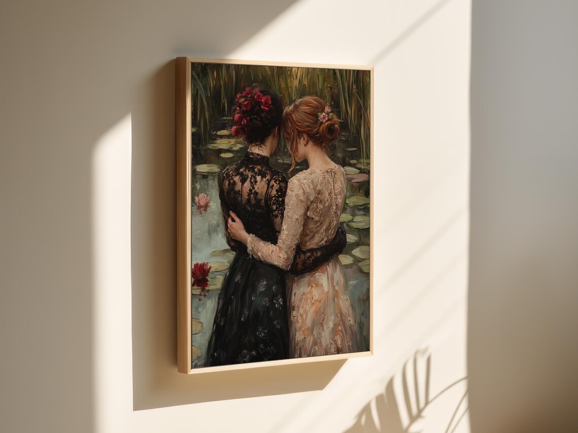 Two Women Embracing by a Lily Pond Romantic Vintage Oil Painting Print - Image 5