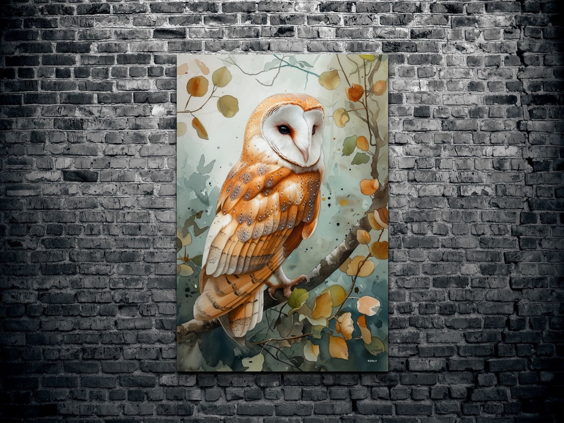 Barn Owl Perched Branch Autumn Leaves Watercolor Bird Poster - Image 2