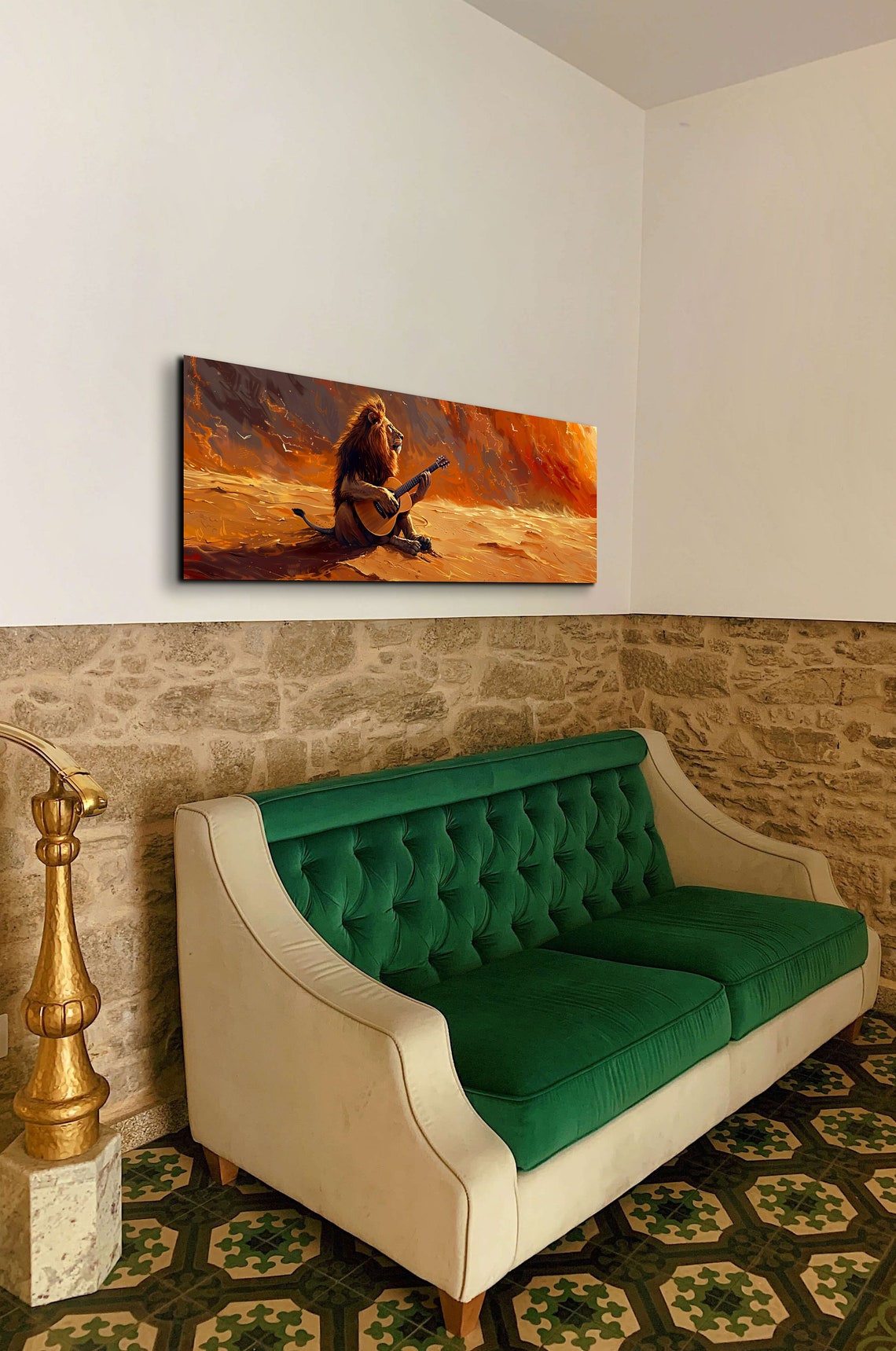 Lion Strumming Guitar In Blazing Orange Desert Sunset Panoramic Poster - Image 6