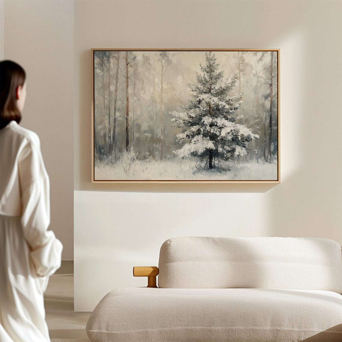 Snowy Pine Tree In Misty Gray Forest Peaceful Winter Wall Art - Image 7