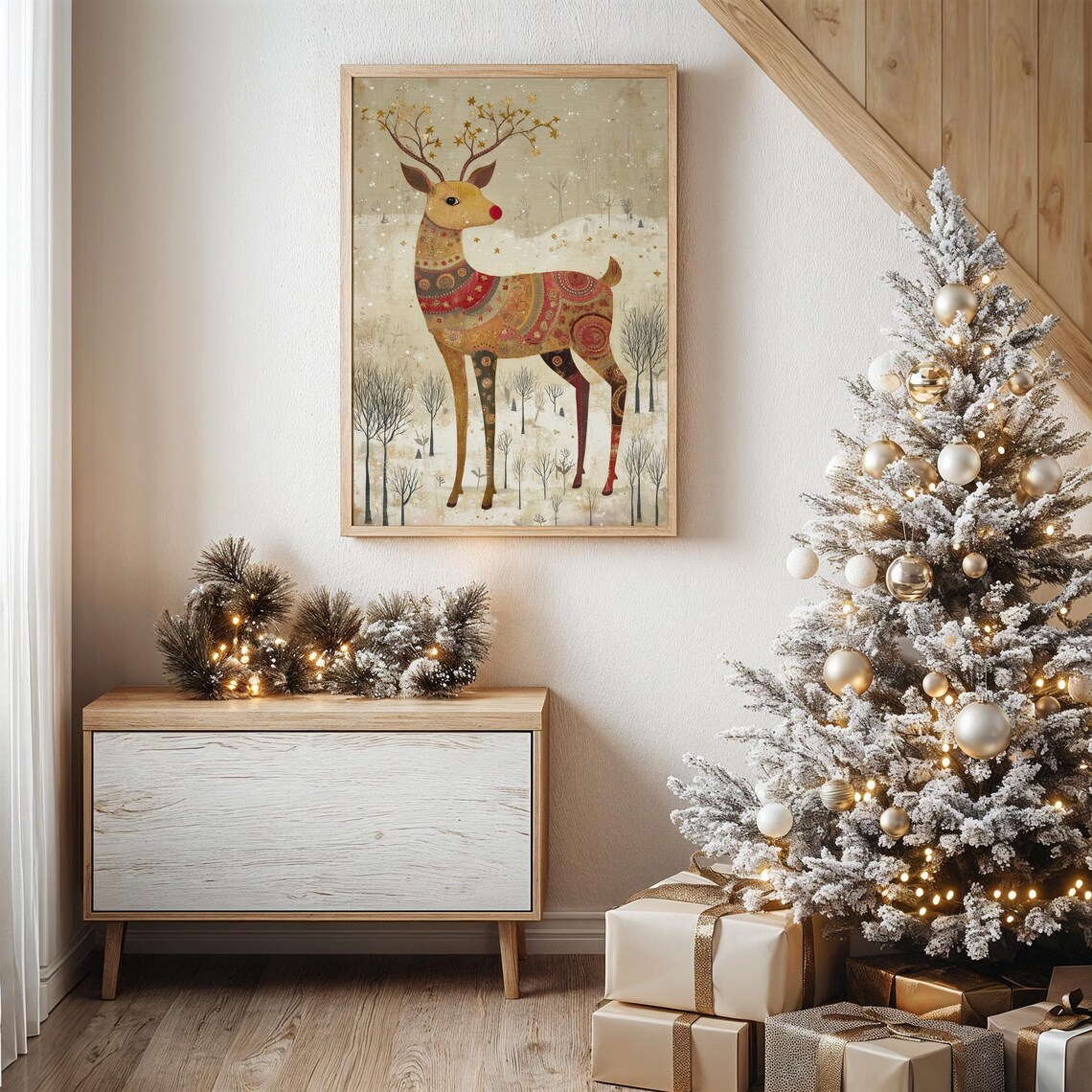 Whimsical Rudolph Reindeer, Starry Antlers Art Print