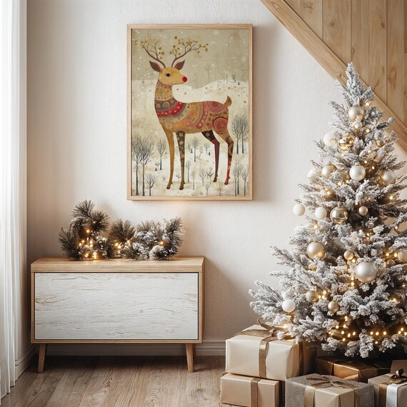 Whimsical Rudolph Reindeer, Starry Antlers Art Print