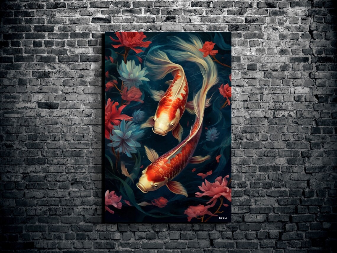Serene Koi Fish Yin Yang Lotus Flowers Japanese Pond Art Poster