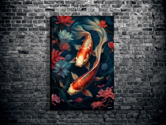 Koi Fish Wall Art Two Koi Fishes Nature Animal Wall Art Japanese Koi Fish Large Kooly Art Kooly