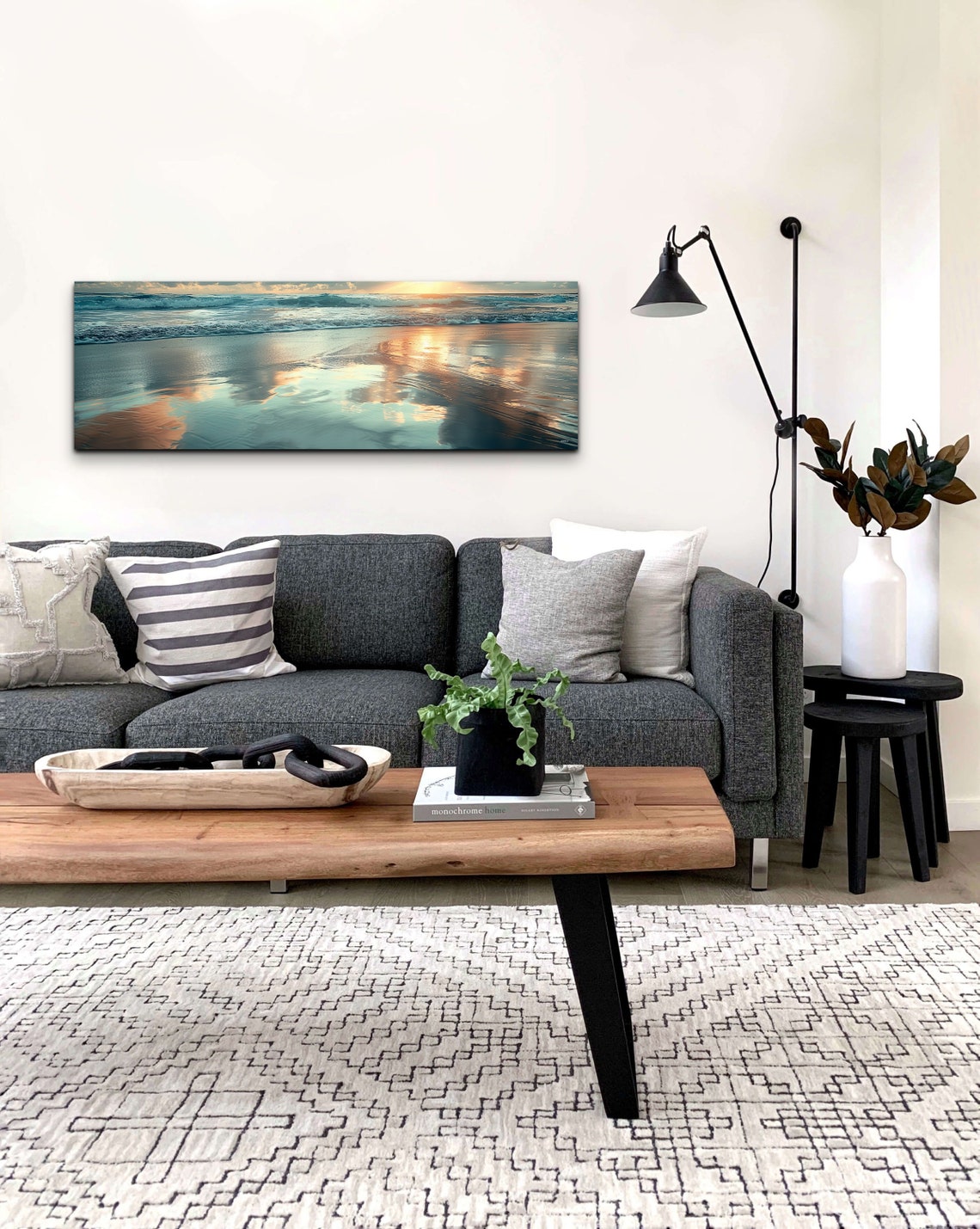 Golden Sunset Waves Ocean Shore Sky Reflections Panoramic Wall Art - Image 4