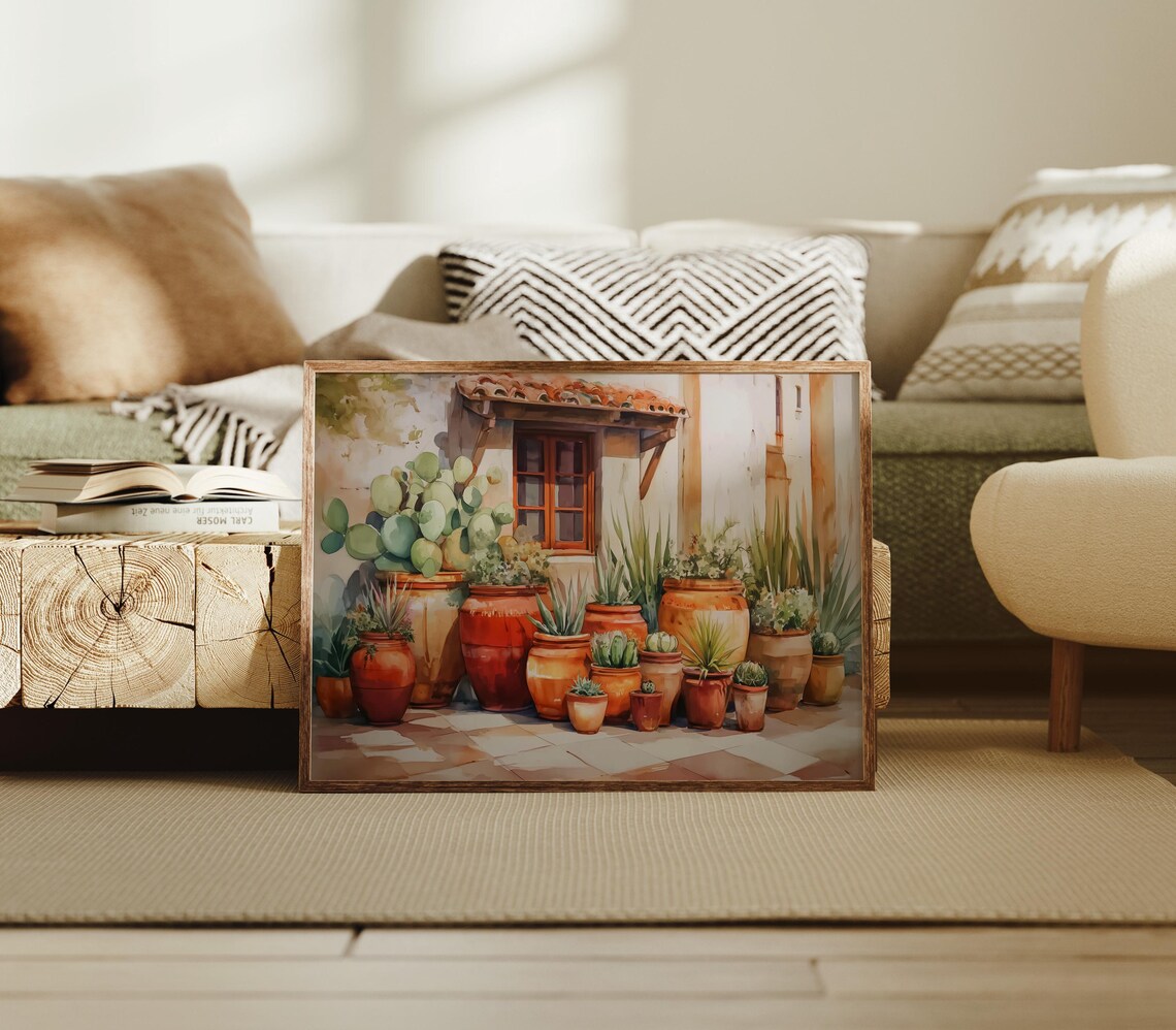 Southwest Courtyard Clay Pots, Cactus and Succulents Art Print