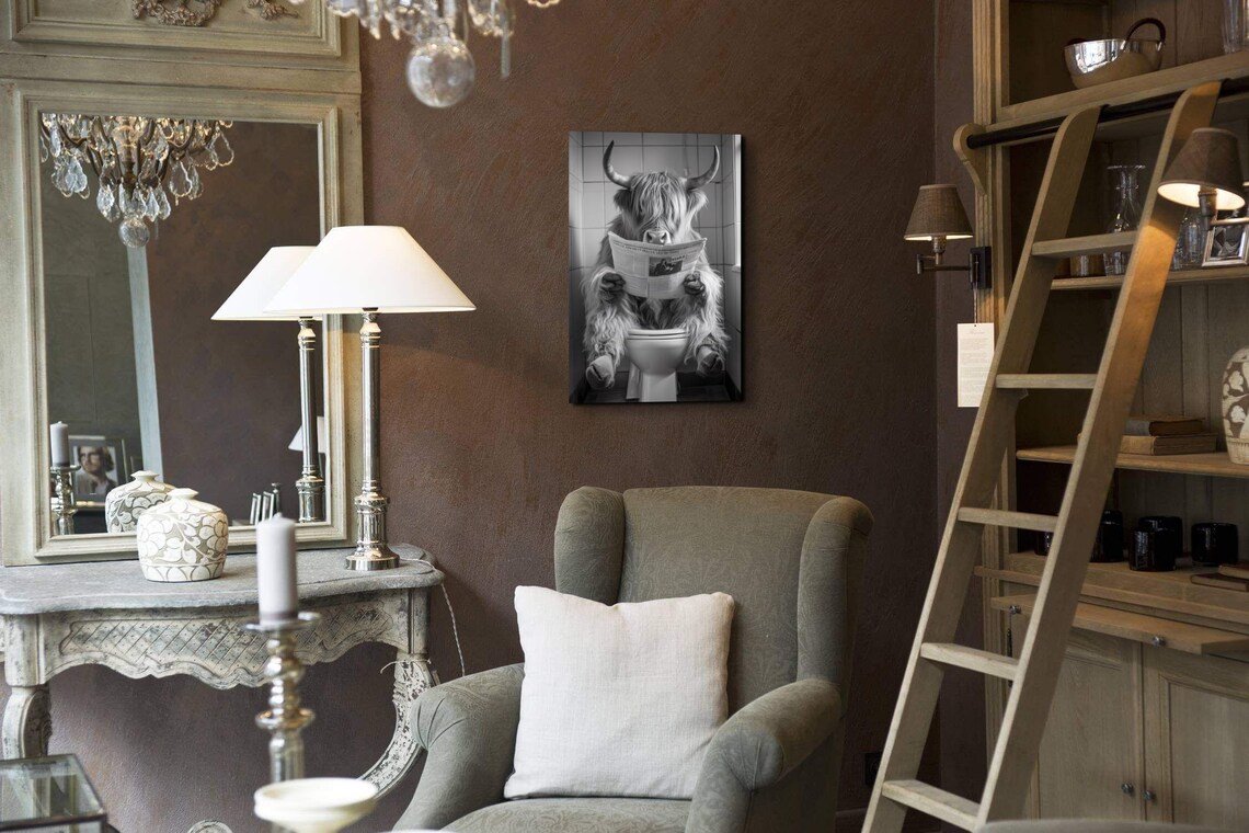 Funny Highland Cow On Toilet With Newspaper Bathroom Humor Poster - Image 5