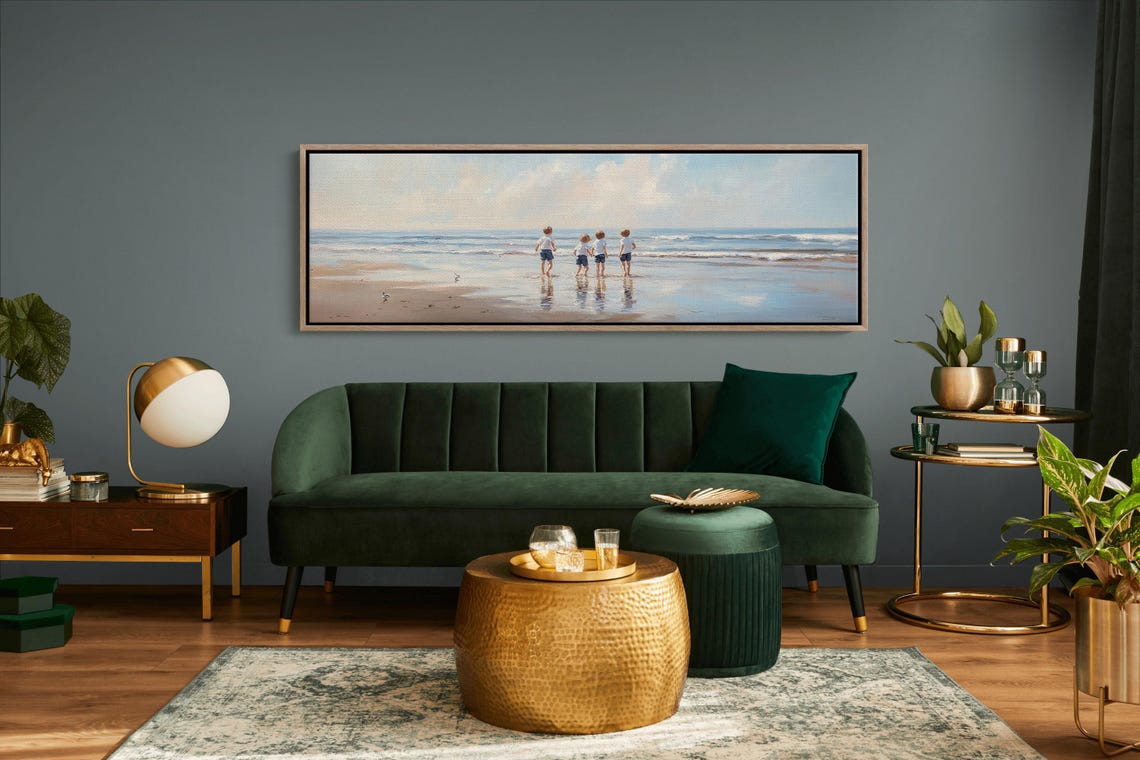 Four Children On Beach At Water Edge Soft Blue Ocean Scene Poster - Image 3