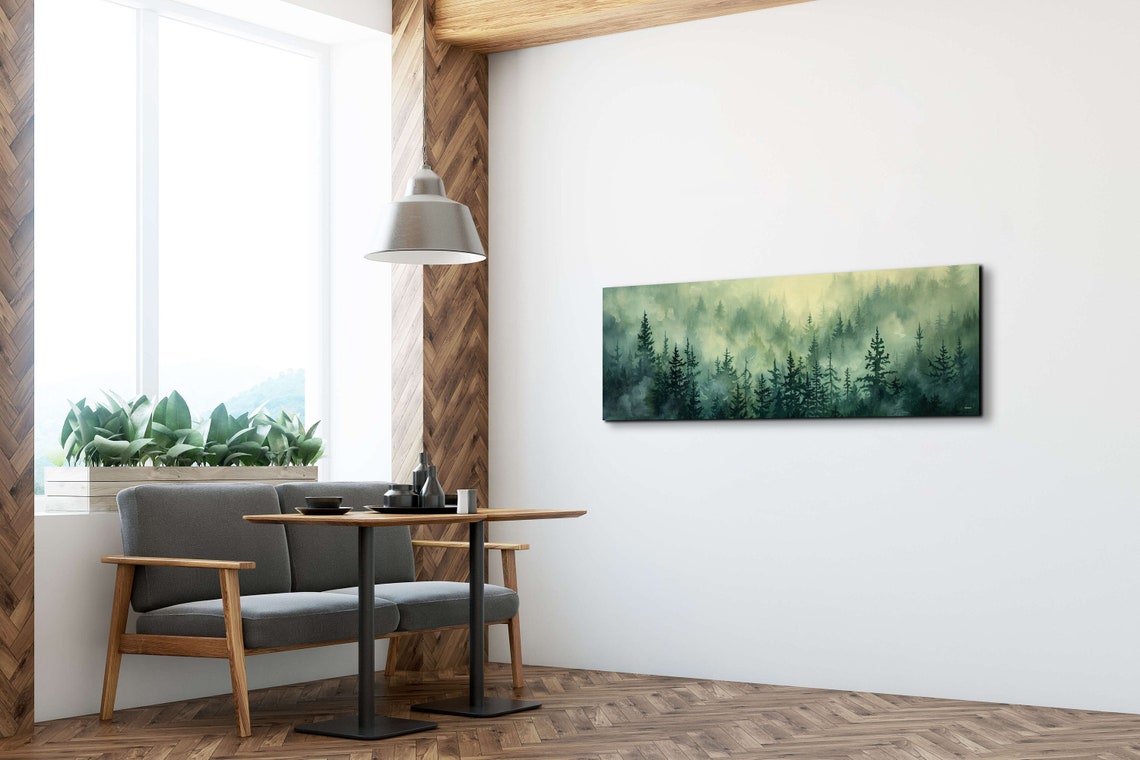 Misty Green Forest Layers in a Soft Watercolor Wash Panoramic Poster - Image 4