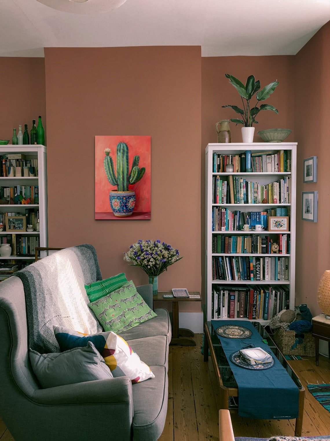 Potted Cactus Oil Painting Decorative Pot Coral Background Wall Art - Image 5