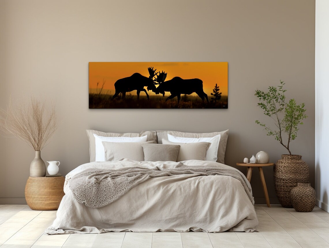 Clashing Moose at Sunset Wildlife Silhouette Panorama Wall Art - Image 6