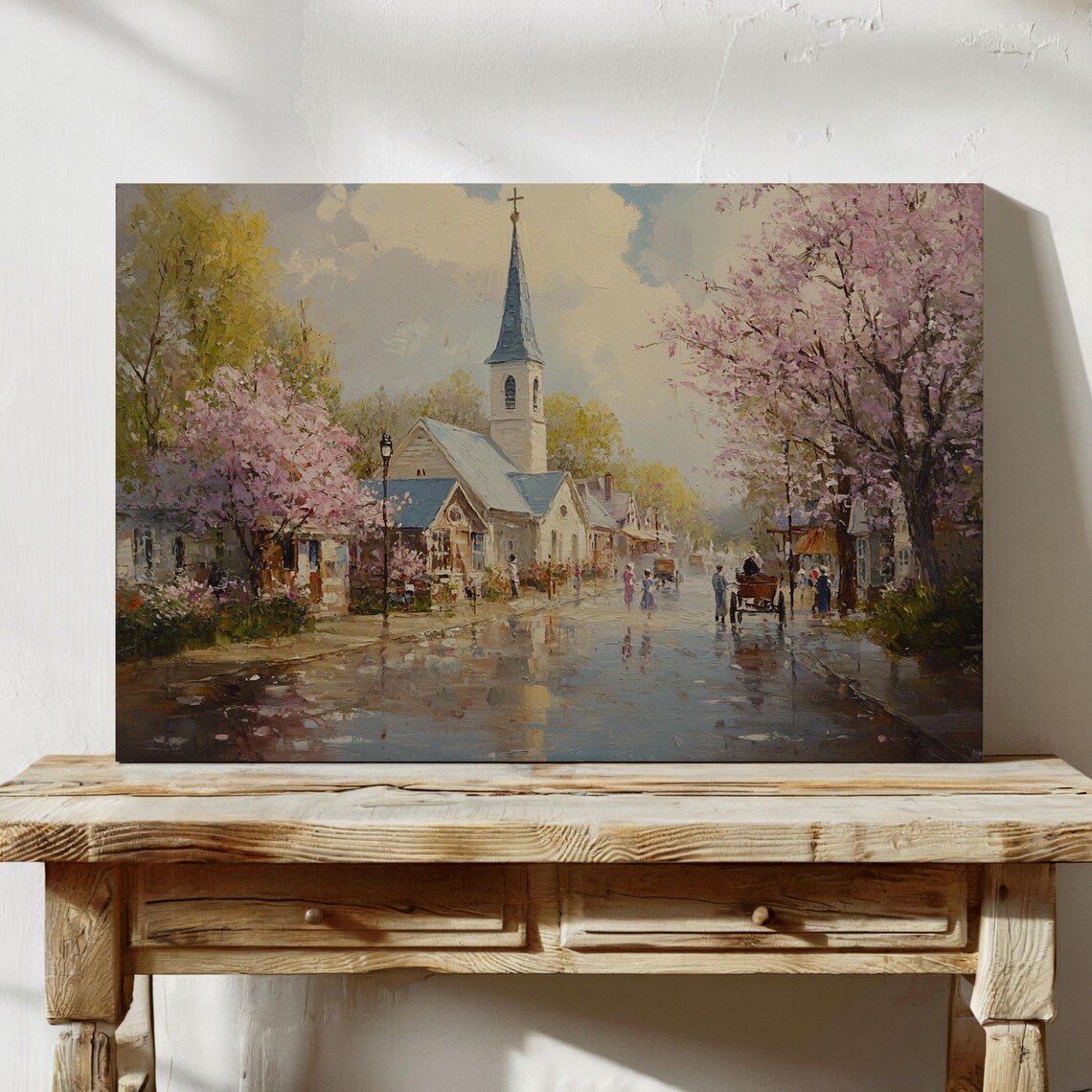 Charming Village Church Horse-Drawn Carriage Springtime Scene - Image 7